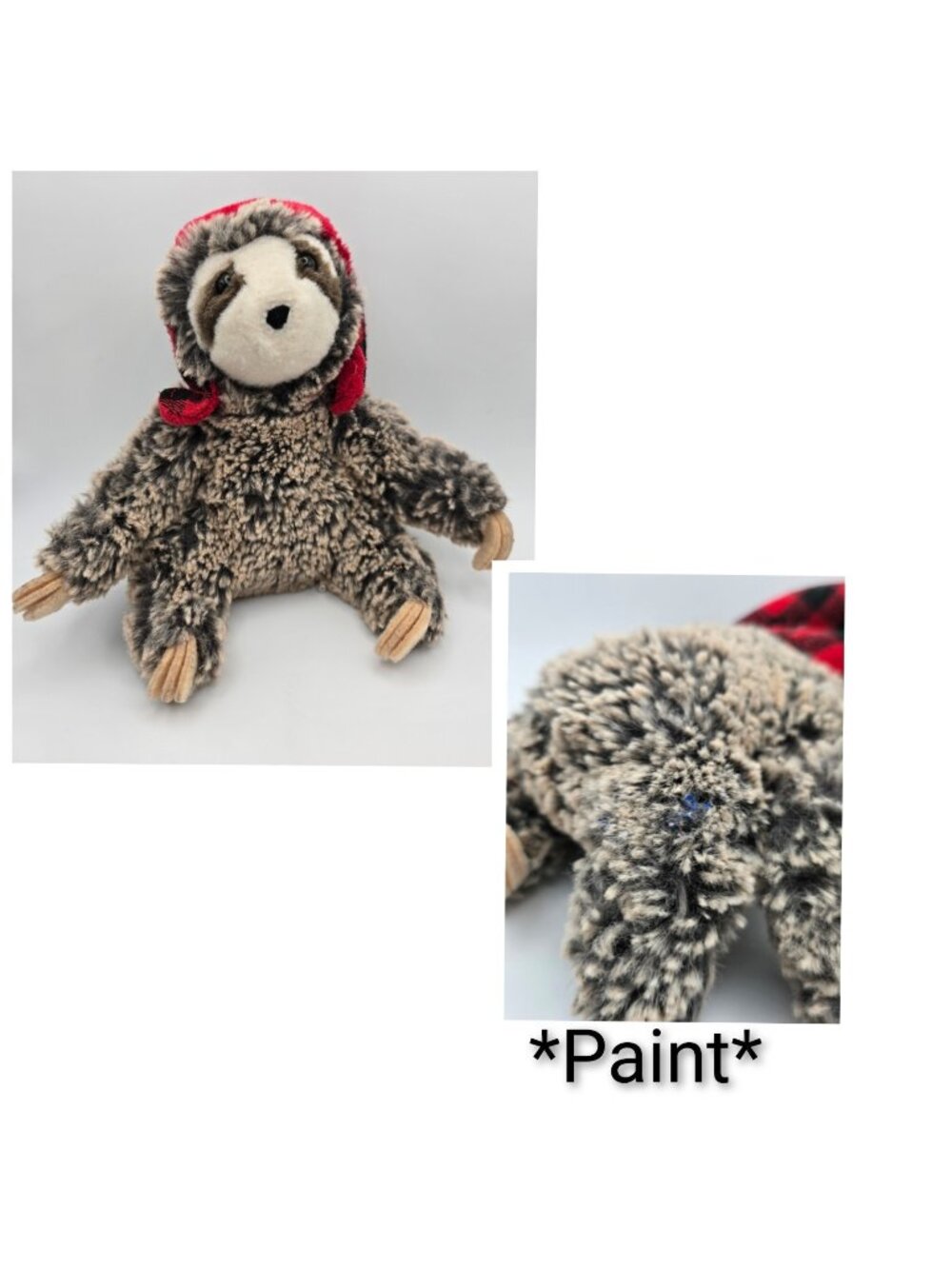 Douglas Blitzen Sloth Plush with Red Buffalo Check Hat Pre Owned 6"- Paint Marks